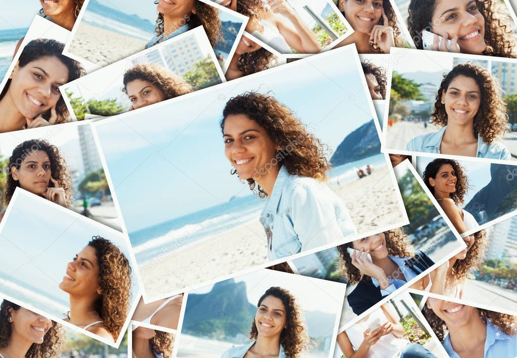 Collage of a laughing latin woman at beach