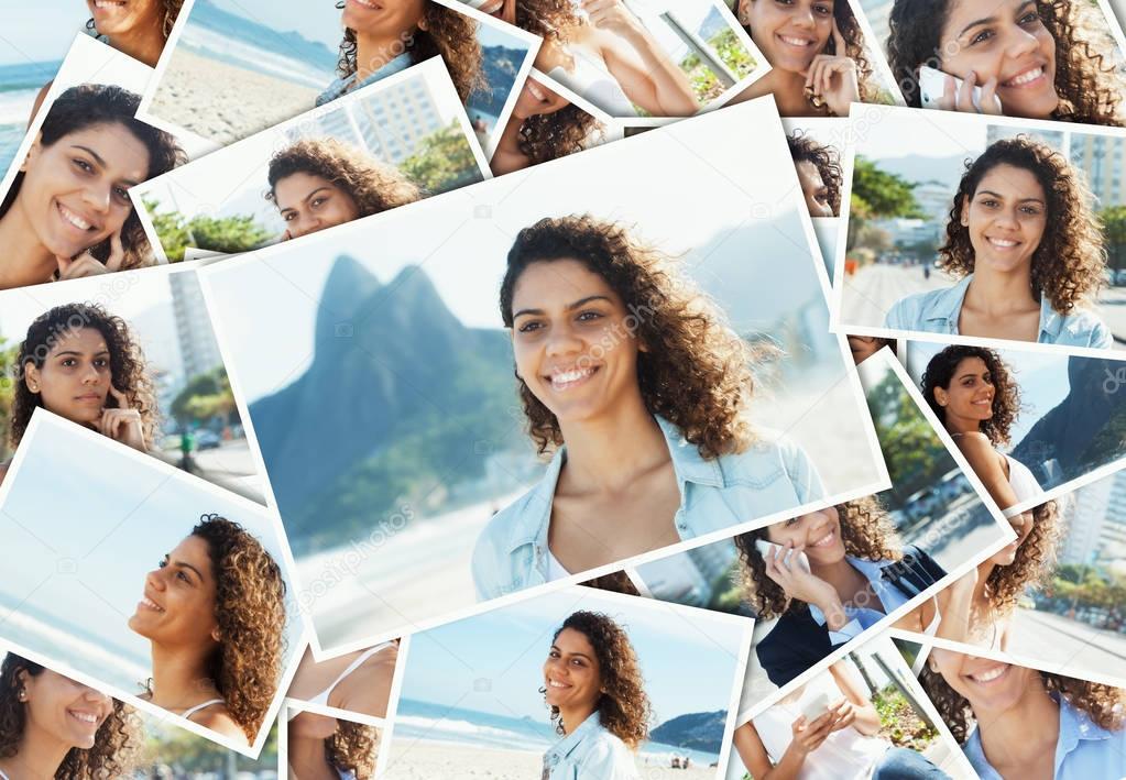 Collage of a laughing latin woman at Rio de Janeiro