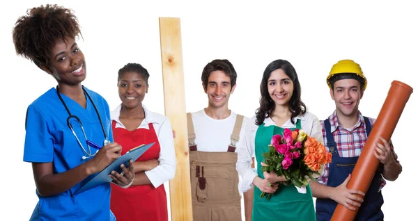 Grupo de aprendices árabes y latinos y caucásicos con feliz a —  Fotos de Stock