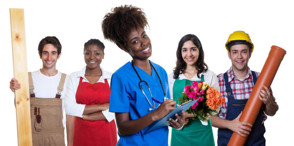 Group of arabic and latin and caucasian apprentices with beautif