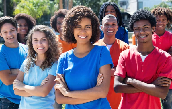 Large group of happy african woman and caucasian and latin american and hispanic man — Stock Photo, Image