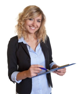 Mavi ceket ve Pano ile güzel Sekreteri