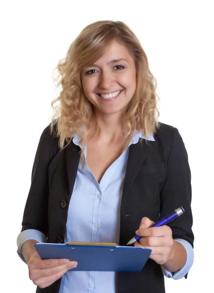 Secretária rindo com blazer azul e área de transferência — Fotografia de Stock