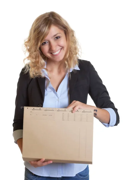 Secretary with blue blazer and file searching a document — Stock Photo, Image