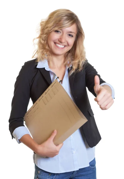 Secretary with blue blazer and file showing thumb up — Stock Photo, Image