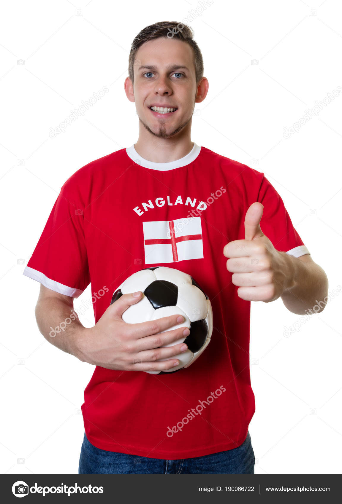 English soccer fan with ball shooting thumb Stock Photo by ©kadettmann