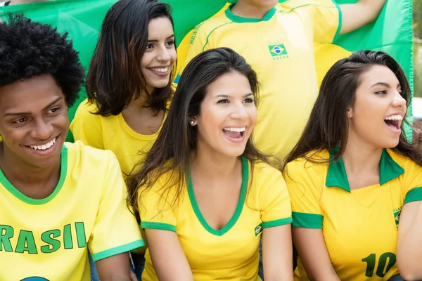 Glad brasilianska fotbollsfans med flagga på stadion — Stockfoto