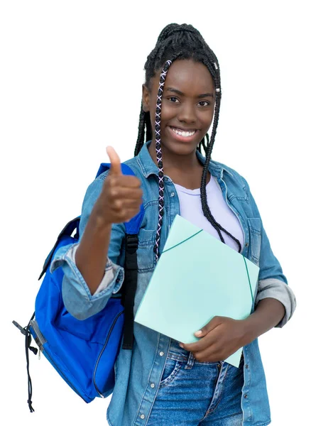 Afrikaanse vrouwelijke student met dreadlocks tonen duim omhoog — Stockfoto