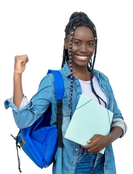 Cheering african female student with dreadlocks — Stock Photo, Image