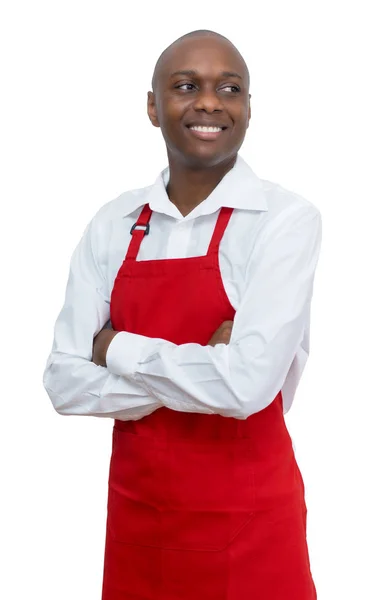 Kırmızı önlüklü Afrikalı Amerikalı garson. — Stok fotoğraf