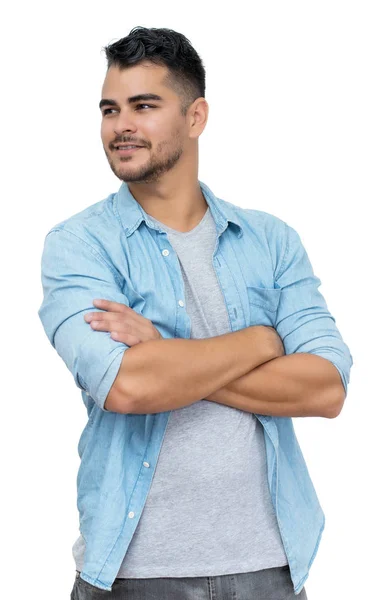 Hombre hipster hispano con barba y ropa casual buscando aparador — Foto de Stock