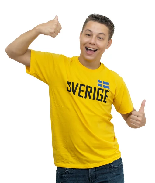 Cheering soccer fan from Sweden — 스톡 사진