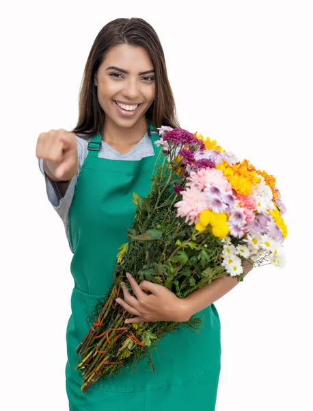 Rindo vendedor de flores do sexo feminino com avental verde — Fotografia de Stock