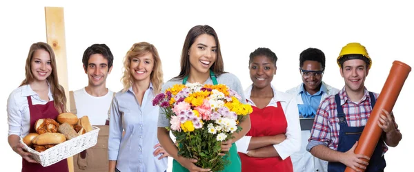 Lachende lateinamerikanische Blumenverkäuferin mit internationaler Gruppe — Stockfoto
