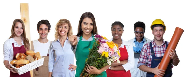 Mooi latijns amerikaans bedrijf stagiair met groep van internat — Stockfoto