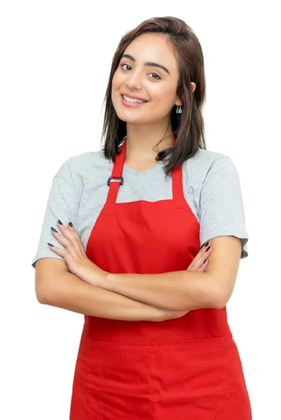 Beautiful caucasian waitress with red apron — Stock Photo, Image