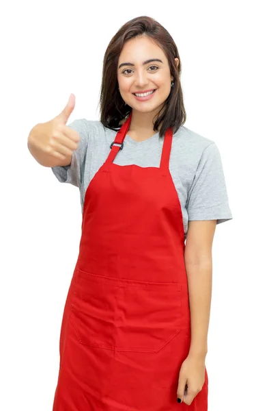 Heureuse serveuse caucasienne avec tablier rouge — Photo