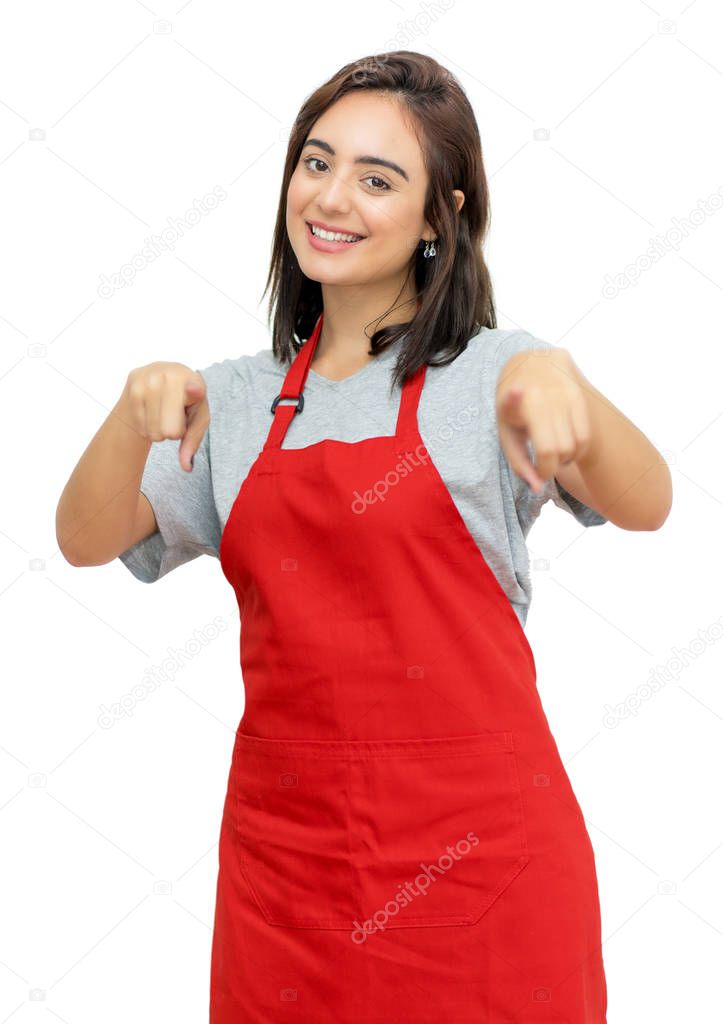 Laughing caucasian waitress with red apron