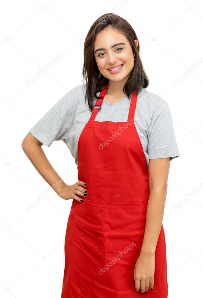 Pretty caucasian waitress with red apron