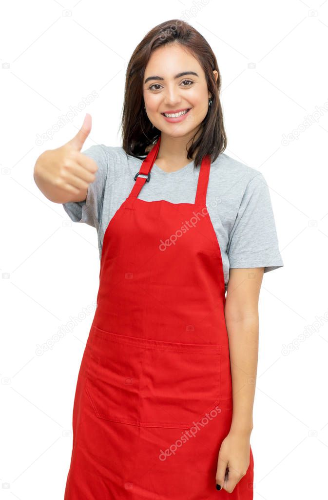 Happy caucasian waitress with red apron