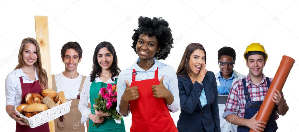 Laughing african american waitress with group of international a