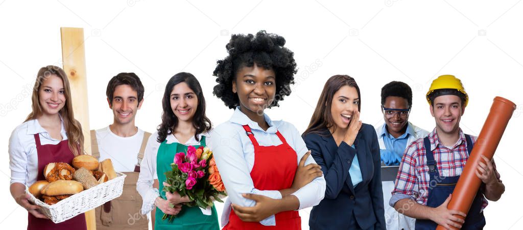 Beautiful african american waitress with group of international 