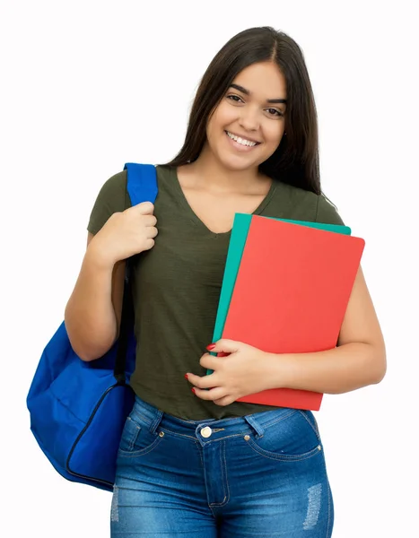 Sırt çantalı gülen İspanyol kız öğrenci. — Stok fotoğraf