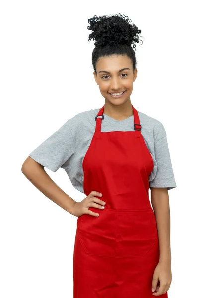 Hermosa camarera latinoamericana con delantal rojo — Foto de Stock