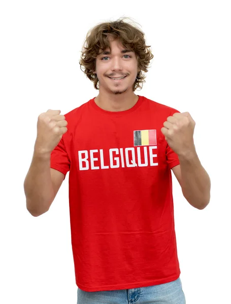 Jubelnder Fußballfan Mit Trikot Aus Belgien Isoliert Auf Weißem Hintergrund — Stockfoto