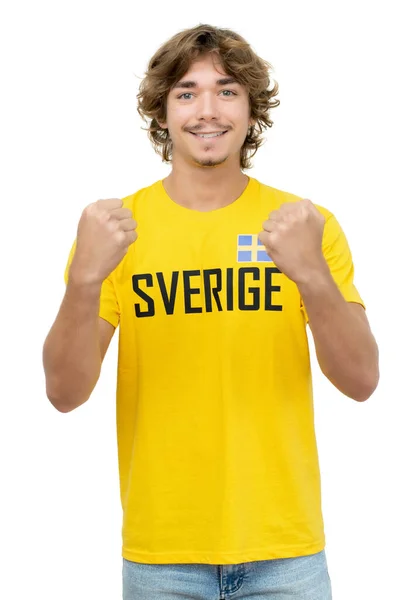 Celebrating Football Supporter Jersey Sweden Isolated White Background Cut Out — Stock Photo, Image