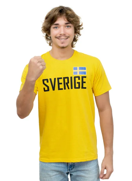 Cheering football supporter with jersey from Sweden isolated on white background for cut out