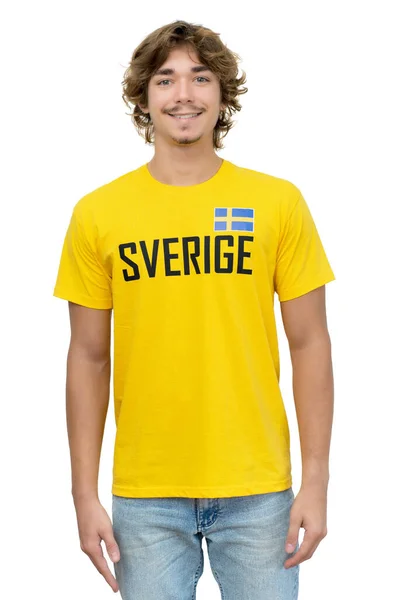 Młody Zwolennik Piłki Nożnej Jersey Szwecji Odizolowany Białym Tle Dla — Zdjęcie stockowe