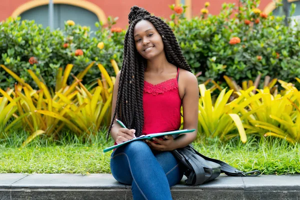 Afroamerikanische Studentin Mit Erstaunlicher Frisur Sommer Einem Park — Stockfoto