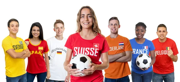 来自瑞士的球迷与来自其他欧洲国家的支持者一起 在孤立的白人背景下大笑 以寻求帮助 — 图库照片