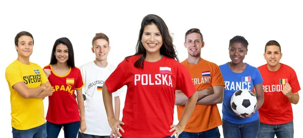 Hübscher Fußballfan Aus Polen Mit Anhängern Aus Anderen Europäischen Ländern — Stockfoto