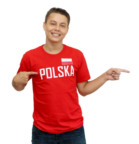 Fotboll Fläkt Med Jersey Från Polen Pekar Sidled Isolerad Vit — Stockfoto