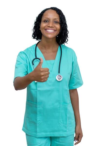 African American Mature Adult Nurse Showing Thumb Isolated White Background — Stock Photo, Image