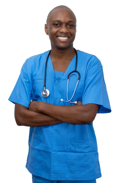 アフリカ系アメリカ人の成熟した大人の医者を笑いながら白地に隔離された — ストック写真