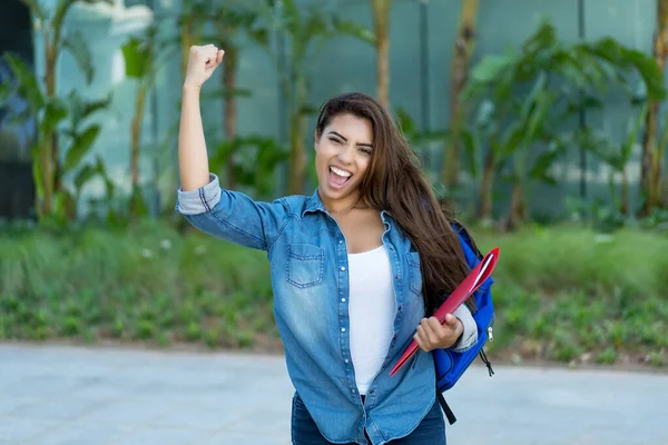 Cheering Latin American Female Student City Summer — Stock Photo, Image