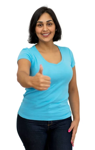 Latin American Mature Adult Woman Showing Thumb Isolated White Background — Stock Photo, Image