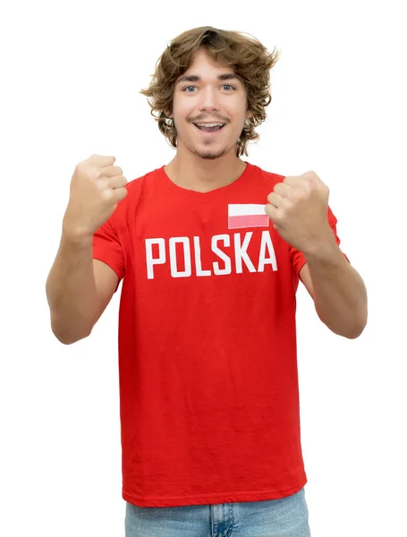 Heja Fotboll Supporter Med Tröja Från Polen Isolerad Vit Bakgrund — Stockfoto