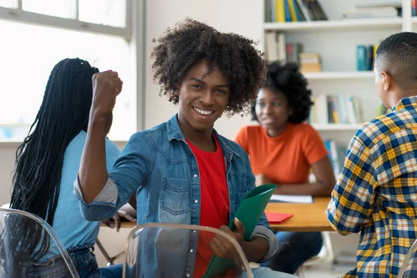 Cheering African American Male College Student Desk Group Students Classroom — Stock Photo, Image