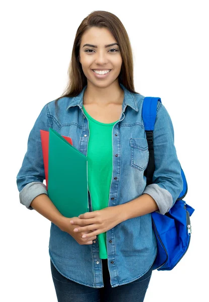 Riendo Estudiante Hispana Con Mochila Aislada Sobre Fondo Blanco Para —  Fotos de Stock