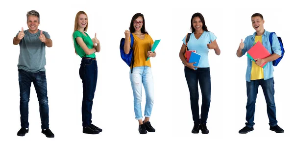 Lärare Med Grupp Framgångsrika Manliga Och Kvinnliga Studenter Isolerade Vit — Stockfoto