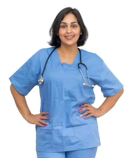 Vriendelijk Latijn Amerikaans Volwassen Verpleegster Geïsoleerde Witte Achtergrond Voor Uitgesneden — Stockfoto