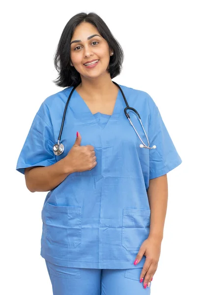Latijns Amerikaanse Volwassen Verpleegster Tonen Duim Tot Geïsoleerde Witte Achtergrond — Stockfoto