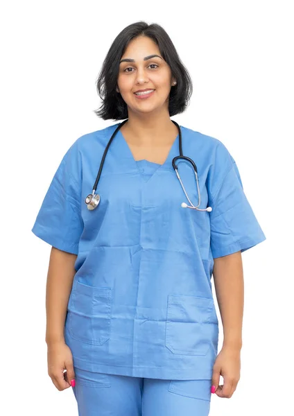 Retrato Enfermera Madura Latinoamericana Aislada Fondo Blanco Para Recortar — Foto de Stock