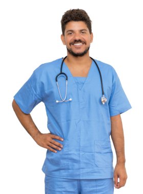 Gülen, sakallı, beyaz arka planda sakallı, erkek doktor.
