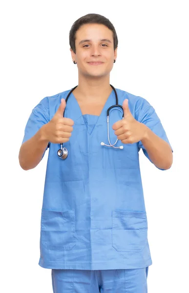 Sonriente Estudiante Medicina Masculina Con Pelo Corto Trabajo Aislado Sobre — Foto de Stock