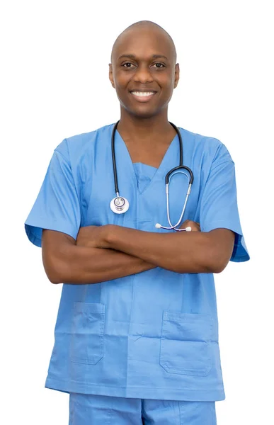 Laughing African American Mature Male Nurse Isolated White Background Cut — Stock Photo, Image